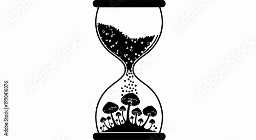 Mushroom growth inside an hourglass symbolizes the passage of time and nature's cycle.