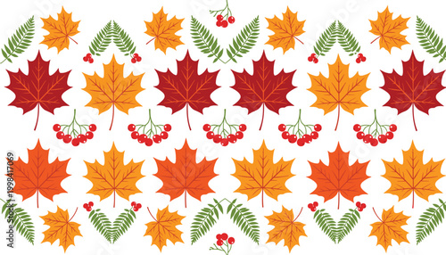 Autumn forest pattern with vibrant maple leaves and red berries for seasonal holiday design.