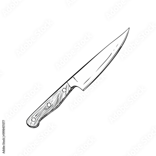 Hand drawn illustration of a sharp kitchen knife with a wooden handle isolated on a white background
