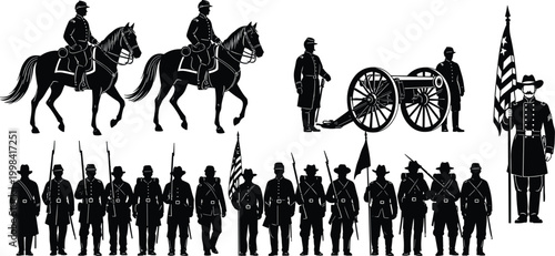 Tableau sur toile American Civil War Silhouette Set Featuring Cavalry Soldiers Cannon Artillery In