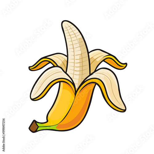 Single ripe banana peeled open revealing its creamy white flesh and bright yellow skin