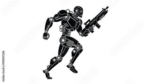 silhouette of a robotic soldier carrying a rifle black and white futuristic design on a transparent background high quality professional detailed modern elegant stylish