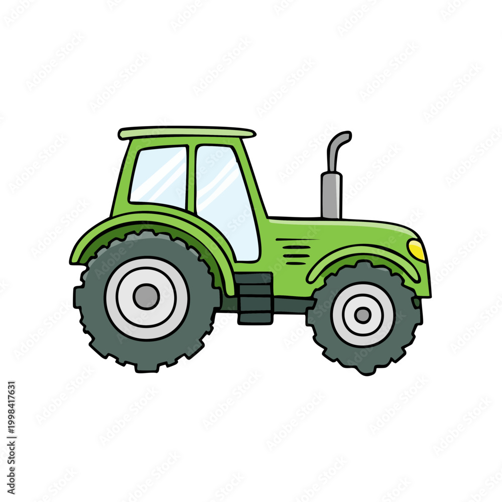 Obraz premium Green cartoon tractor with large wheels and cabin