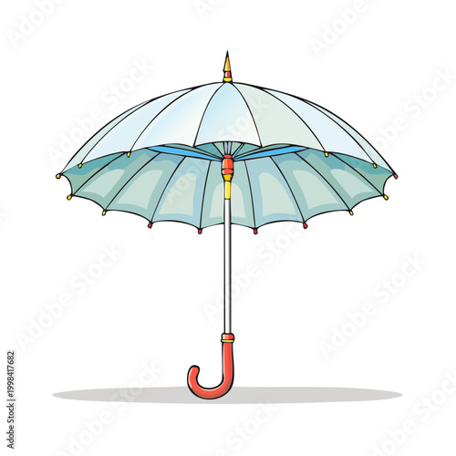 Elegant light blue umbrella with red handle and decorative details on white