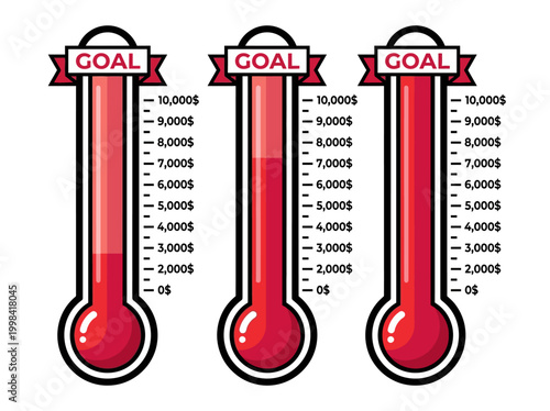 Canvas Print Set of Three Fundraising Goal Thermometers at Different Progress Stages, $10,000
