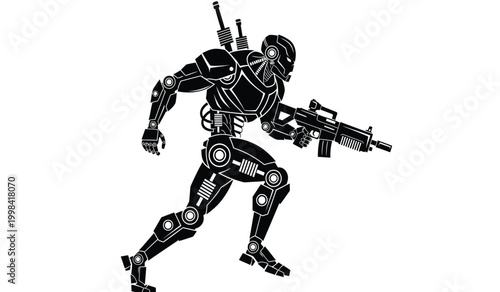 silhouette of a robotic soldier holding a rifle black and white illustration on a white background high quality professional detailed modern elegant stylish clean