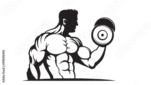 Bodybuilder flexing muscular pose holding a target icon in a black and white emblem style illustration featuring muscle, flex, athlete with training