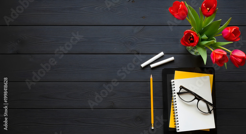 workspace setup with notebook, glasses, pencils, and red tulips on dark wood desk
