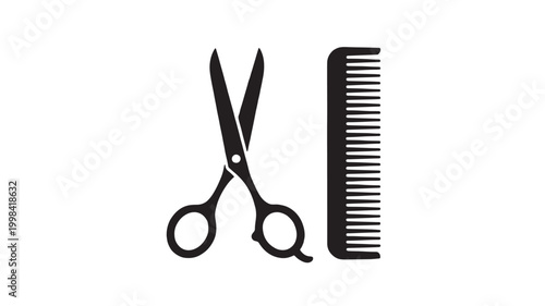 Scissors and comb icon with minimal black vector lines for barber shop tools and grooming services featuring hair tool, haircut, hairstyle with