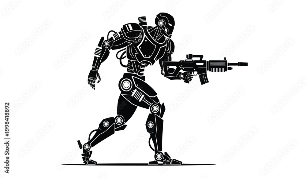 Fototapeta premium silhouette of a robotic soldier with a weapon black and white illustration on a white background high quality professional detailed modern elegant stylish clean
