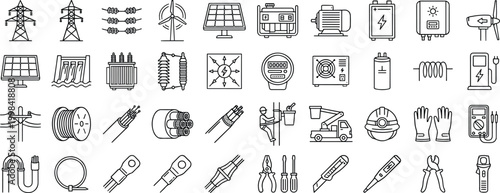 Comprehensive electric and power line art icon set featuring power transmission, energy equipment, electrical cables, and utility tools in editable stroke vector style.