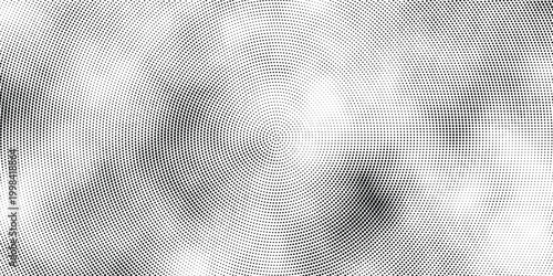 Abstract black and white halftone pattern radiates outward from center with layered concentric depth and bold optical contrast, vector design