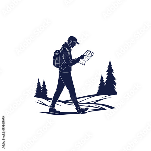 Hiker in forest with backpack checking paper map for directions