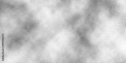 Illustration black and white halftone pattern radiates outward from center with artistic dot expansion and textured shading, graphic illustration