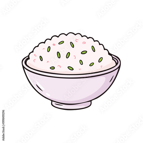Simple cartoon illustration of a bowl of fluffy white rice with green flecks served in a light purple ceramic dish.