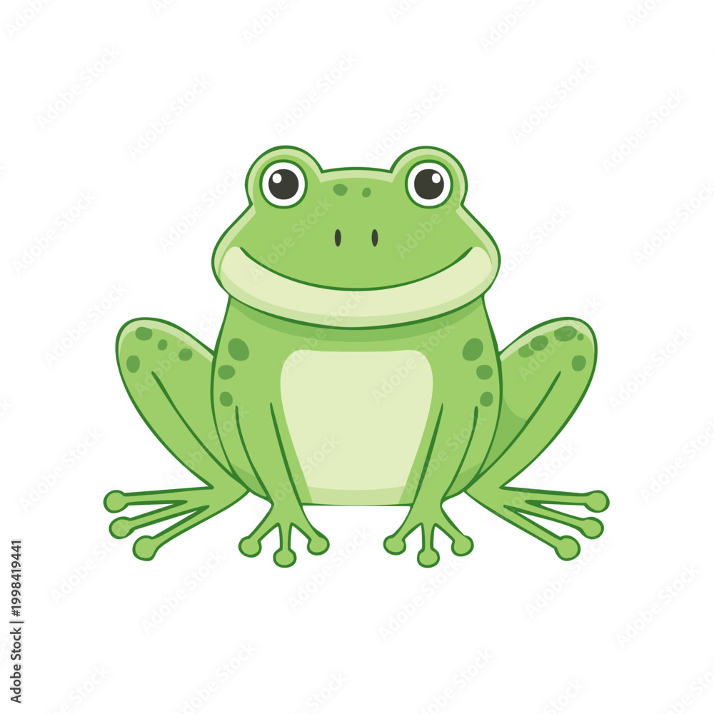 Fototapeta premium Cute green cartoon frog smiling with big eyes sitting and looking forward
