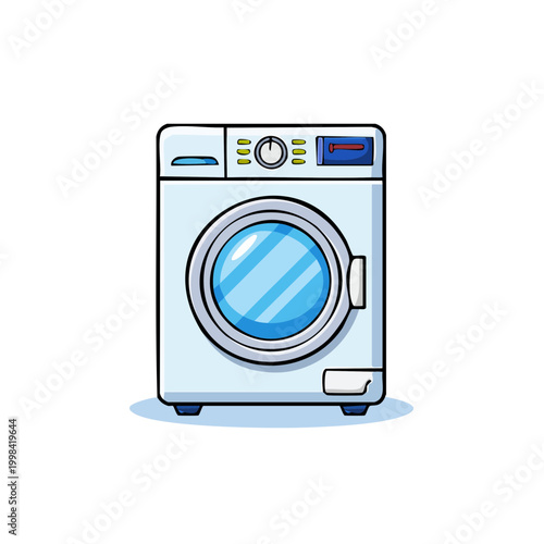 Modern front loading washing machine with a round blue glass door and digital display clean laundry appliance