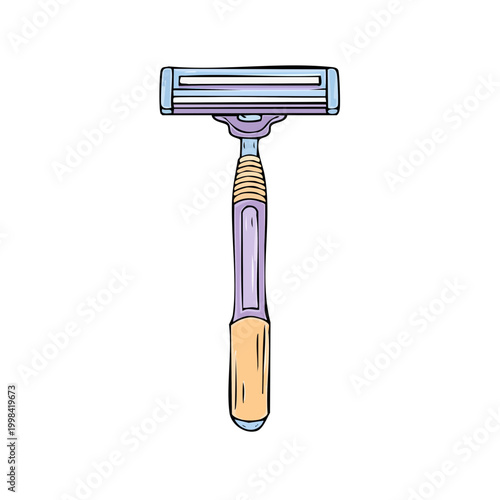 Hand drawn illustration of a modern razor with purple and blue accents and a tan handle