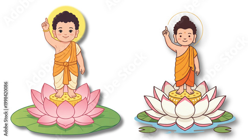 Prince Siddhartha first seven steps on lotus flowers vector illustration for Vesak festival
