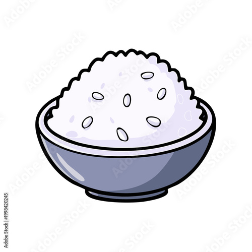 A Simple Bowl Filled With White Cooked Rice Grains Illustration