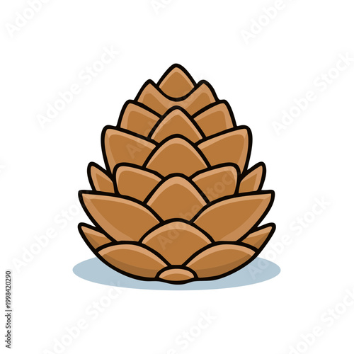 Illustration of a stylized brown pine cone with layered scales and a subtle shadow