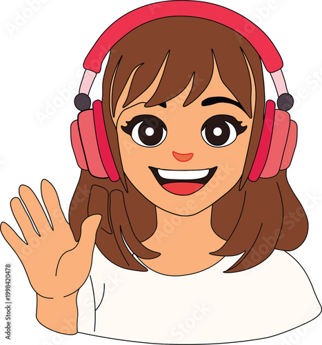 Cute Girl Wearing Red Headphones Waving Cartoon Avatar