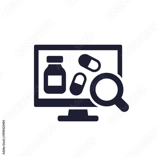 medicine search icon with pills and computer