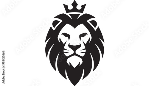 Lion head icon with crown, premium black and white vector style for logo, mascot, and sports branding design featuring emblem, silhouette, animal