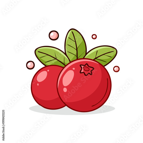 Vibrant cartoon cranberries with green leaves and subtle pink bubbles for a healthy food concept