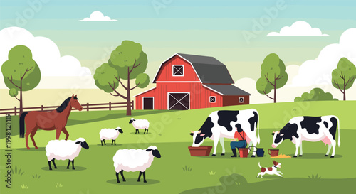 Picturesque farm scene with a red barn and various animals like cows and sheep grazing in a lush green pasture.
