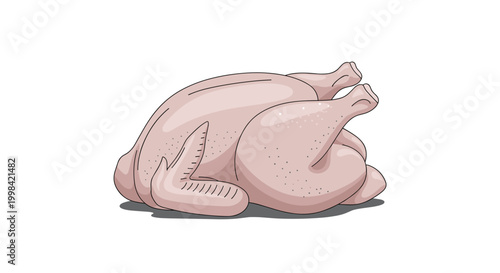 Whole raw chicken prepared for cooking shown on a white background with subtle shadows beneath the poultry on a table.