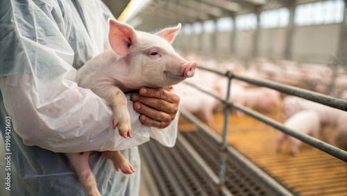 A person in protective clothing holds a piglet inside a modern pig farm with multiple pigs visible in pens along a spacious aisle.