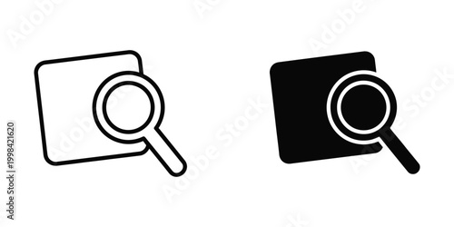 Two icons depicting a magnifying glass over a rectangular shape in different styles