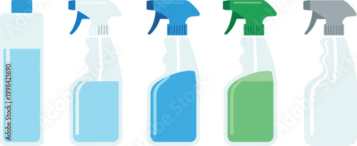 Vector illustration of cleaning solution bottles and spray containers with colorful liquids in decorative design