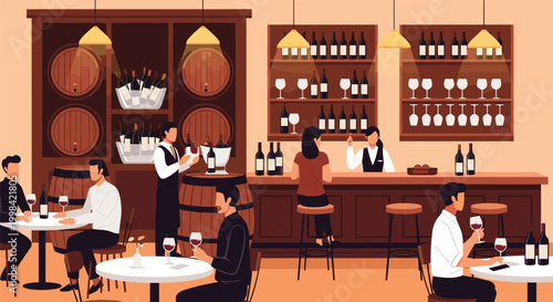 Warm interior of a wine bar where people are sitting at tables and enjoying drinks with barrels and bottles nearby.