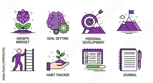 Personal development and goal setting icons, growth mindset, productivity