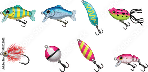 Vector illustration of fishing lures with colorful designs and aquatic patterns in decorative design