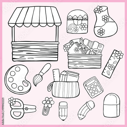 Outdoor produce stall with school supply black and white illustration