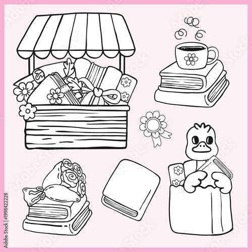 Outdoor Bookstore Stall Spring Book black and white illustration