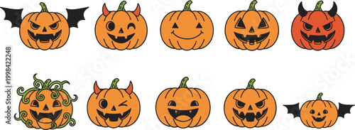 Vector illustration of Halloween jack‑o’‑lantern pumpkins with carved faces, wings and horns in decorative design