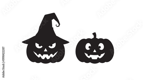 Pumpkin jack o lantern icon pair with black wizard hat and smiling faces for Halloween party design featuring spooky, cute monster, carved face with