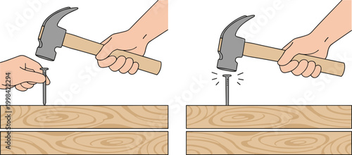 Vector illustration of hammering nail into wood with step‑by‑step construction process in decorative design