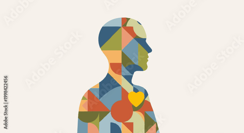 Abstract human silhouette with colorful geometric patterns and heart