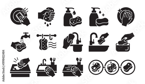 Fotografie Hygiene and cleaning icons: hand washing soap dishwashing with cleaning