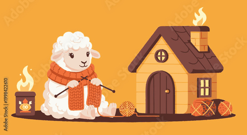 Adorable sheep knitting wool scarf near cozy cabin vector