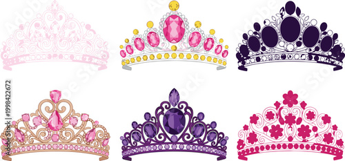 Vector illustration of ornate tiaras with gemstones and filigree patterns in decorative crown design