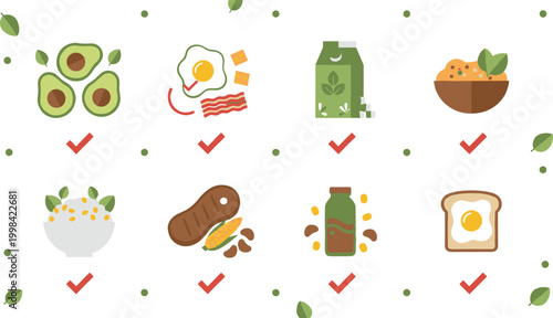 Vector illustration of healthy food icons with avocado, breakfast, salad and drinks in decorative design
