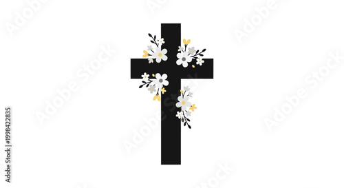 Black Christian Cross with White Flowers on White Background
