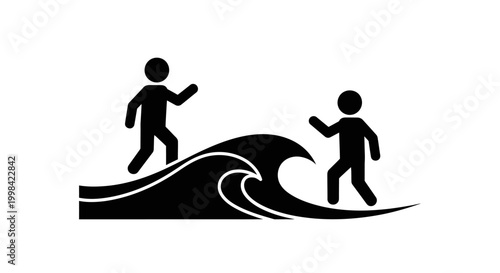 Silhouettes Surfing on Ocean Waves in Minimalist Style