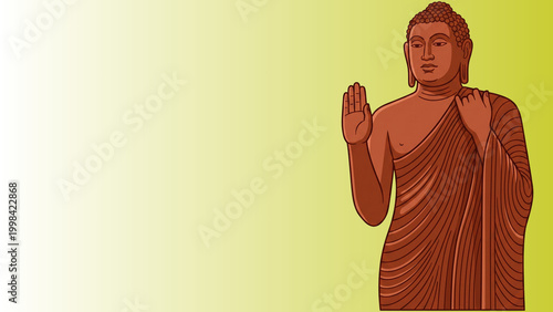 Standing Lord Buddha statue in abhaya mudra with copy space for Buddhist religious banners
